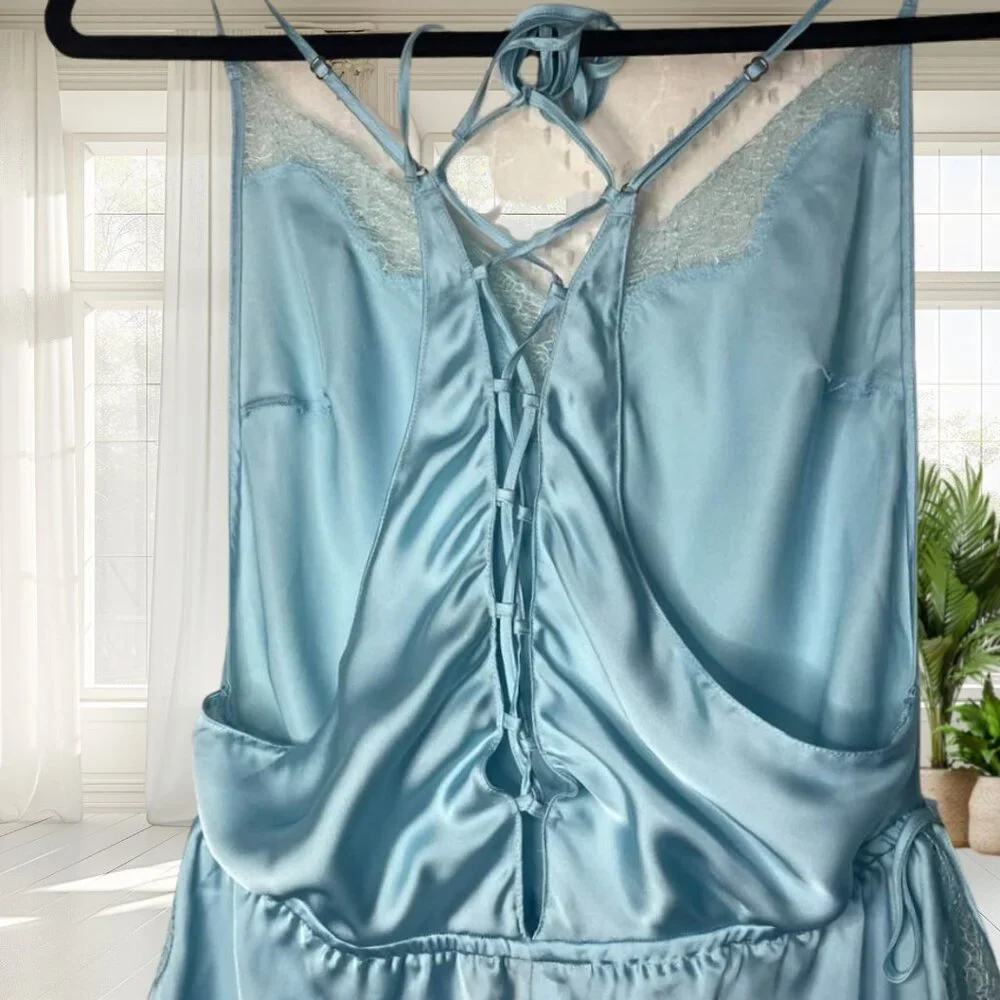 Victoria's Secret Medium Satin Side-Tie Teddy Romper Bodysuit Lace Blue - Picture 9 of 15